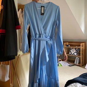 Best dressed satin wrap dress Pale blue